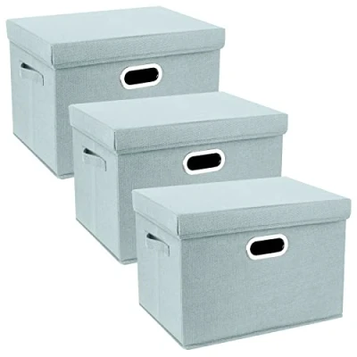 Image of TYEERS Large Storage Box with Lid, Collapsible, Washable, Fabric for Clothes, Wardrobe Storage, 44x30x29 cm, Set of 3, Aqua Spring