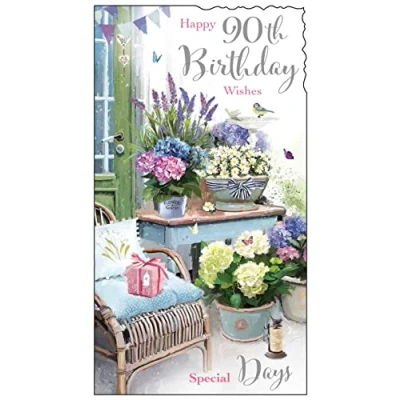 Image of Stunning Artistic Female 90th Birthday Card from The Velvet Moments Range Garden Chair and Pretty Flowers Attractive Embossed, Foil Flitter Finish Greeting for Her (JJ VM101)