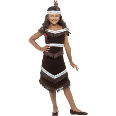 Image of Smiffys Native American Inspired Girl Costume, Brown Fringed Dress and Feather Headband, Girls Fancy Dress, Child Up Costumes
