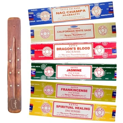Image of Satya Nag Champa incense Sticks 6 unique and premium flavours Agarbatti, Californian White Sage, Dragons Blood, Jasmine, Frankincense, etc comes with SAMASIA holder