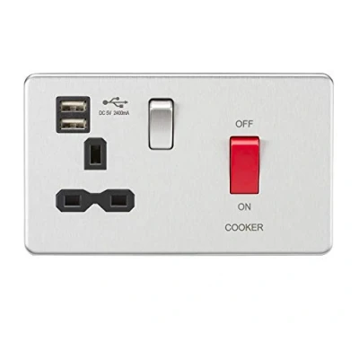 Image of KnightsBridge 45A DP Switch &amp; 13A Switched Socket with Dual USB Charger 2.4A Brushed Chrome black insert