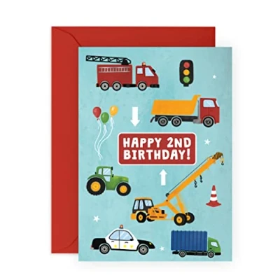 Image of Central 23 Colorful Second Birthday Card for Boys Happy 2nd Age 2 Two Year Old Truck and Car Greeting Fun Vehicle Themed Kids Son, Grandson, Toddler