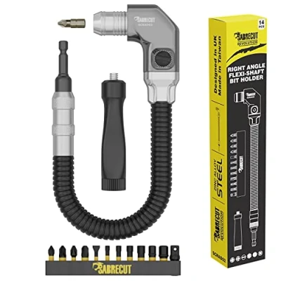 Image of 14 Piece SabreCut SCRAD02 305mm Heavy Duty 1/4 Inch Compact Flexible Right Angle Impact Driver Bit Holder &amp; 25mm Bits Set Dual Position Handle Magnetic Spring Loaded Quick Release Collar