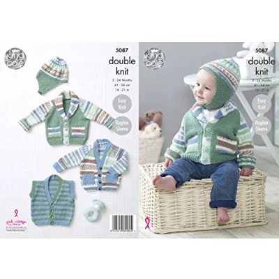 Image of King Cole Baby Double Knitting Pattern Easy Knit Raglan Sleeve Jackets Gilet &amp; Hat (5087)