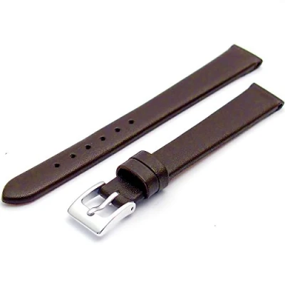 Image of Fine Calf Leather Watch Strap Band 14mm Dark Brown with Chrome (Silver Colour) Buckle. Free Spring Bars (Watch Pins)
