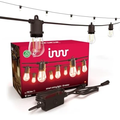 Image of Innr Smart LED Festoon Lights Outdoor, 8m, Zigbee, Work with Hue* and Alexa (Bridge Required), Warm White, Garden String Lights, 16 Light Bulbs, IP65 Waterproof, Dimmable, Complete Set