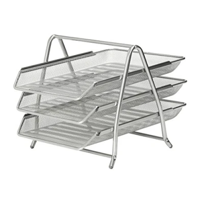 Image of OSCO Silver Wiremesh Three Tier Letter Tray Document Storage A4 Filing Paper Organiser Office Desk File Sorter Easy Assembly H26.5 x W27.8 D35.5 cm