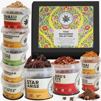 Image of Nature Kitchen Thai Gourmet Spice Seasoning Selection Mix Gift Set. 9X Gluten Free Herbs and Spices for Cooking Recipes, Tom Yum, Noodles, Pad Thai. Including Chilli, Kaffir Lime Leaves, Lemongrass