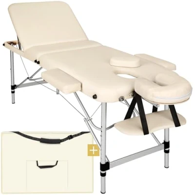 Image of TecTake Lightweight Portable massage Table, Comfortable 3 section Padded Folding Spa Bed, adjustable bed including accessories, aluminium headrest, armrest and storage bag white