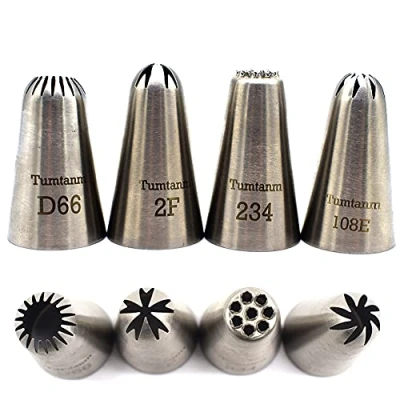 Image of Tumtanm #2F #108E #234#D66 Large Piping Nozzles, 4 pcs Stainless Steel Seamless Icing Tips Set for Cupcakes and Baking