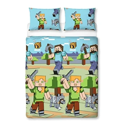 Image of Character World Minecraft Official Double Duvet Cover Set Adventures Design Reversible 2 Sided Bedding Including Matching Pillow Cases Brands Bed