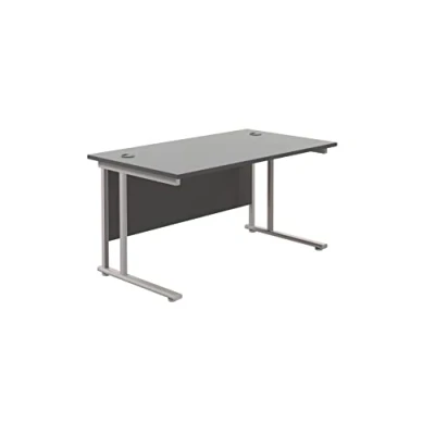 Image of Office Hippo Heavy Duty Rectangular Cantilever Desk, Home Table, Integrated Cable Ports, PC Desk For or Home, 5 Yr Wty Silver Frame/Black Top, 140cm x 80cm