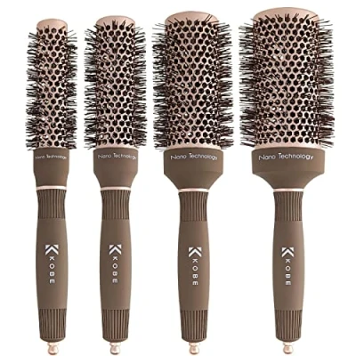 Image of Kobe Professional Heat Retaining Ceramic &amp; Ionic Round Hair Brush for Blow Drying with Nanotechnology Barrel Set of 4 Dry Brush,Curling Styling, Straightening Detangling