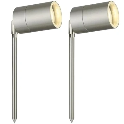 Image of firstchoicelighting Set of 2 Stainless Steel Outdoor Spike Lights IP44 Adjustable GU10 Spotlight Mains 240v Light LED Compatible