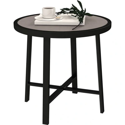 Image of Outsunny Round Small Garden Table, 50.5cm Outdoor Side Table with SPC Tabletop, Metal Frame and Anti slip Foot Pads for Garden, Balcony, Grey Wood Effect