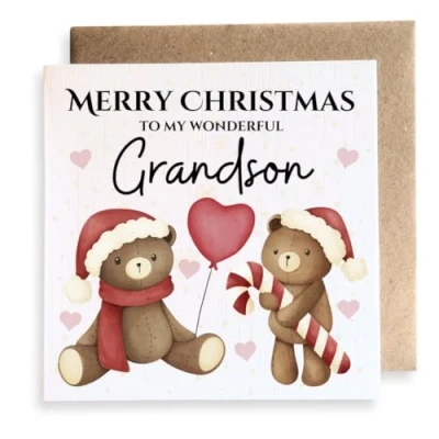 Image of Second Ave Grandson Cute Bears Square Card Christmas Xmas Holiday Festive Greetings