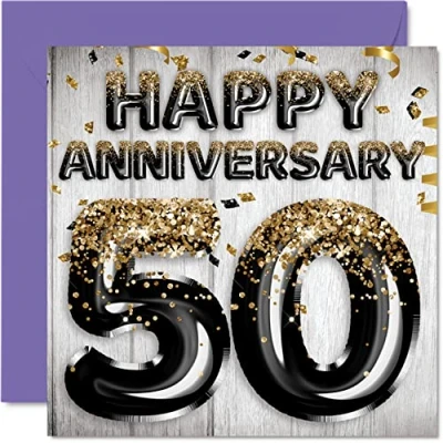 Image of Awesome Gold Anniversary Card for Husband Boyfriend Wife Girlfriend Black Glitter Balloons Happy 50th Cards from Family, 145mm x Greeting Fiftieth Anniversaries