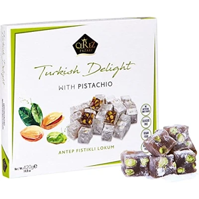 Image of Cerez Pazari Turkish Delight Pistachio Candy Gourmet Premium Vegan Sweets Medium Gift Box 420g, Sweet Luxury Traditional Confectionery Soft Dessert Glucose Free Lokum (Loukoumi)