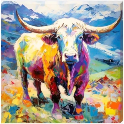 Image of Colourful Paint Stoke Effect Highland Cow Canvas Scottish Wall Art Bright (12&quot; x 12&quot; (304mm 304mm)_)