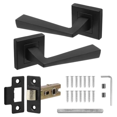 Image of Decoranddecor Internal Door Lever Matt Black Metal Handles On Square Rose with Latch Kit