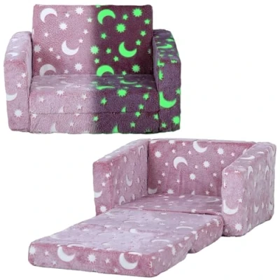 Image of AIYAPLAY Kids Sofa Bed, 2 in 1 Folding Bed Toddler Armchair with Glow The Dark Cosmic Design, Washable Cushion and Cover, Convertible Kid Chair to Lounger for 1.5 3 Years Old, Seater, Pink