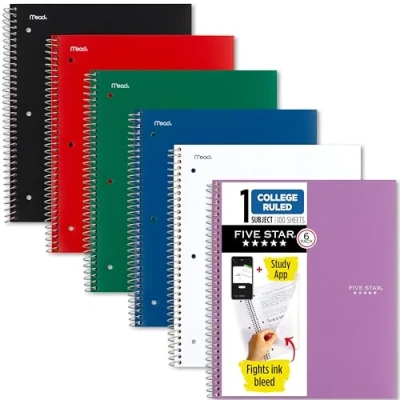 Image of Five Star Spiral Notebooks, 6 Pack, 1 Subject, College Ruled Paper, Fights Ink Bleed, Water Resistant Cover, 8 1/2&quot; x 11&quot;, 100 Sheets, Black, Red, Blue, Green, White, Purple (38052)