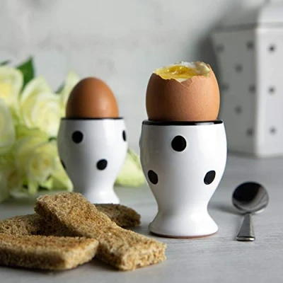 Image of City to Cottage Ceramic Egg Cup Holder set of 2, Soft Boiled Cups, Hard Eggs Stand Holders, Breakfast Cooking Kitchen Serving Cup, Handcrafted Cups (White and Black Polka Dot)
