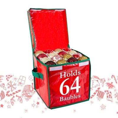 Image of Large Christmas Bauble Storage Box Holds 64 Baubles Xmas Ornament Decorations Storage. Durable with Full Zipper (Christmas Bag)