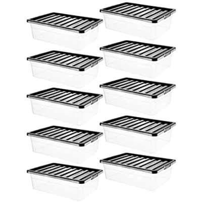 Image of VSL 10 x 32 Litre Underbed Clear Plastic Storage Box With Black Lid