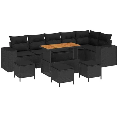 Image of vidaXL 10 Piece Garden Sofa Set with Cushions Black Poly Rattan Acacia