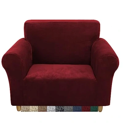 Image of CMAKER Velvet Sofa Covers Couch Cover 1 Seater Stretch with Non Slip Elastic Bottom Furniture Protector Slipcovers for Pets(1 Seater,Burgundy)