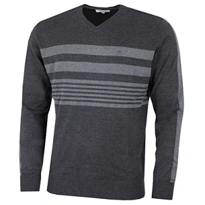 Image of Calvin Klein Mens V Neck Performance Soft Chest Stripe Sweater Charcoal