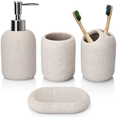Image of L&#039;ARL GMVOI Bathroom Accessory Set,4 Piece Decor Accessories Sets Complete with Soap Dispenser,Toothbrush Holder,Bathroom Tumbler,Soap Dish for Vanity Countertop Accessories,Beige