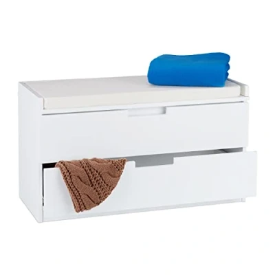 Image of Relaxdays Storage Bench for Sitting, Cabinet with 2 Drawers, Country Look, Padded Seating, HWD 45 x 80 36 cm, White, Engineered Wood Polyester, 36cm