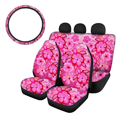 Image of SEANATIVE Polynesian Tribes Plumeria Print Car Front Bucket Seat Covers with Rear Bench Cover,Non Slip Steering Cover Full Set of 4 Packs