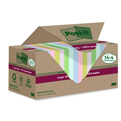 Image of Post it Super Sticky 100% Recycled Notes, Pack of 14+4 Free Pads, 70 Sheets per Pad, 76 mm x mm, Pink, Green, Blue, Purple, Yellow Extra Notes Made from Paper