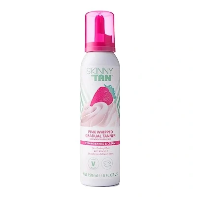 Image of Skinny Tan Pink Whipped Self Streak Free Gradual Fake Mousse for Natural Glow with Vitamin E, Strawberries &amp; Cream Aroma, Vegan Cruelty Skincare 150ml