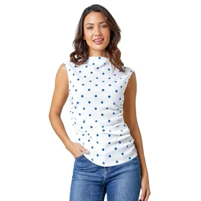 Image of Roman Womens Polka Dot Ruched Stretch Top Blue Size 20 UK