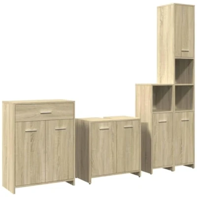 Image of vidaXL 4 piece bathroom furniture set/sonoma oak engineered wood/wall mounted/storage cabinets/ceramic sink/mirror/modern