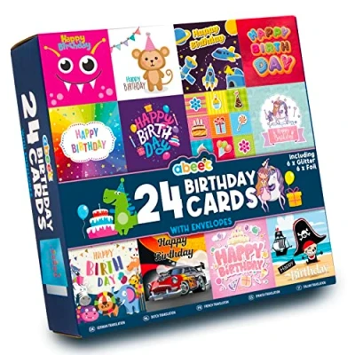 Image of abeec Kids Birthday Cards Multipack 24 Containing: 12 x for Him and Her Pack of with Happy Stickers Envelopes