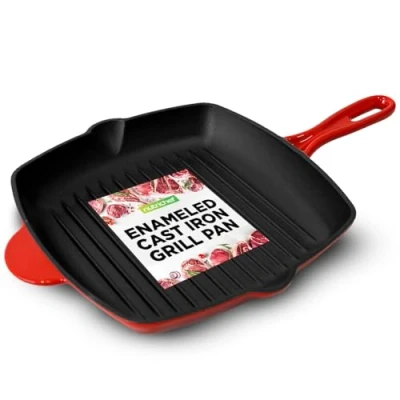 Image of Nutrichef 11&quot; Enameled Cast Iron Steak Grill Pan Square Skillet with Drip Spout, for All Cooktops, Perfect Marks NCCIES47