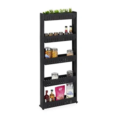 Image of Relaxdays Niche Trolley, 5 Shelves, Narrow Shelf for Bathroom &amp; Kitchen, 131x12.5x54 cm, Rolling Storage Plastic, Black, 131x12,5x54 cm