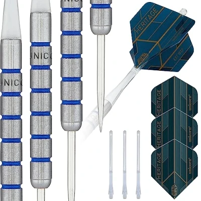 Image of Unicorn Steel Tip Darts Set Heritage Range Maestro 1985 80% Natural Tungsten Barrels with Blue Accents and Laser Etched U Logo Hallmark 22 g