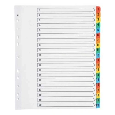 Image of indigo® Dividers, A4, Index Multipunched Mylar Reinforced Multicolour Tabs White (1 20, Pack of 25)