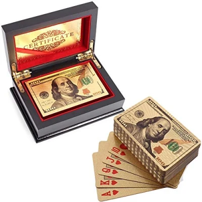 Image of VIROSA 100 Dollar Playing Cards 24k Carat Gold Plated Poker Includes Deluxe Wooden Gift Box, Ideal for Family, Magic Party Game