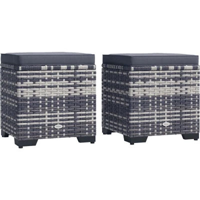 Image of Outsunny Set of 2 Rattan Storage Ottoman, Outdoor Footstool with Removable Cushions, Garden Seat for Balcony, Poolside, Living Room, Dark Grey