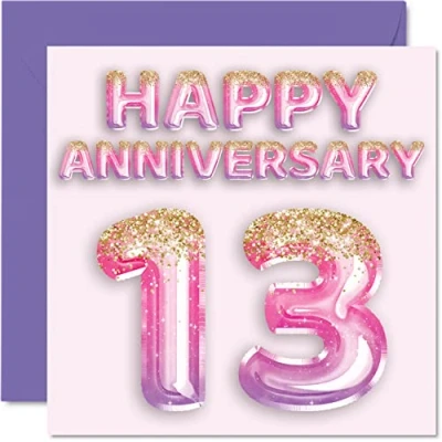 Image of Pretty Lace Anniversary Card for Wife Girlfriend Husband Boyfriend Pink Purple Glitter Balloons Happy 13th Cards from Family, 145mm x Greeting Thirteenth Anniversaries