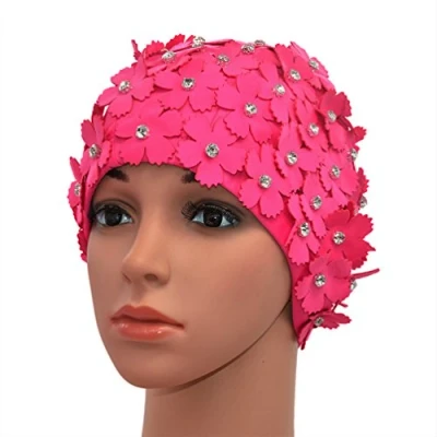 Image of Medifier Manual Rhinestone Floral Petal Retro Style Swim cap Bathing Caps for Women Rose Red