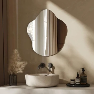 Image of EMKE Frameless Bathroom Mirror 450x600mm Asymmetrical Wall Mounted Vanity Mirror, Irregular for Living Room, Bathroom, Bedroom, Entryway Decor, Unique Design