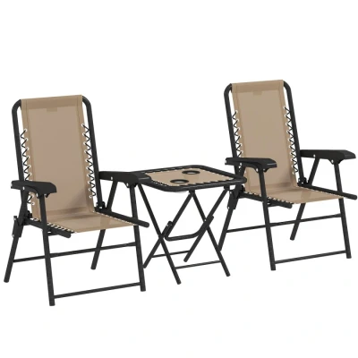 Image of Outsunny 3 Pieces Garden Bistro Set, Folding Table and Chairs Metal Furniture Set with Cup Holders for Outdoor, Patio, Balcony, Khaki